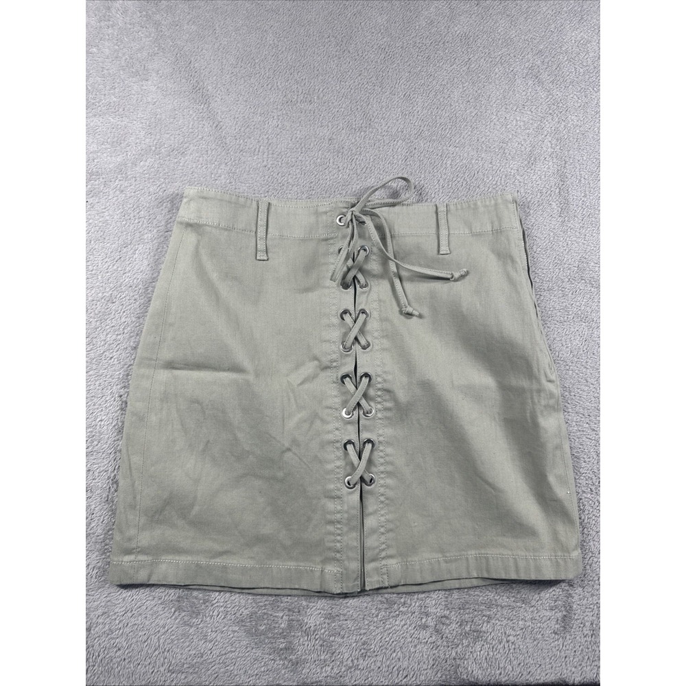 NWT J Brand Women's Talia Mini Skirt Faux Lace Up Front Side Zip Olive Green 26